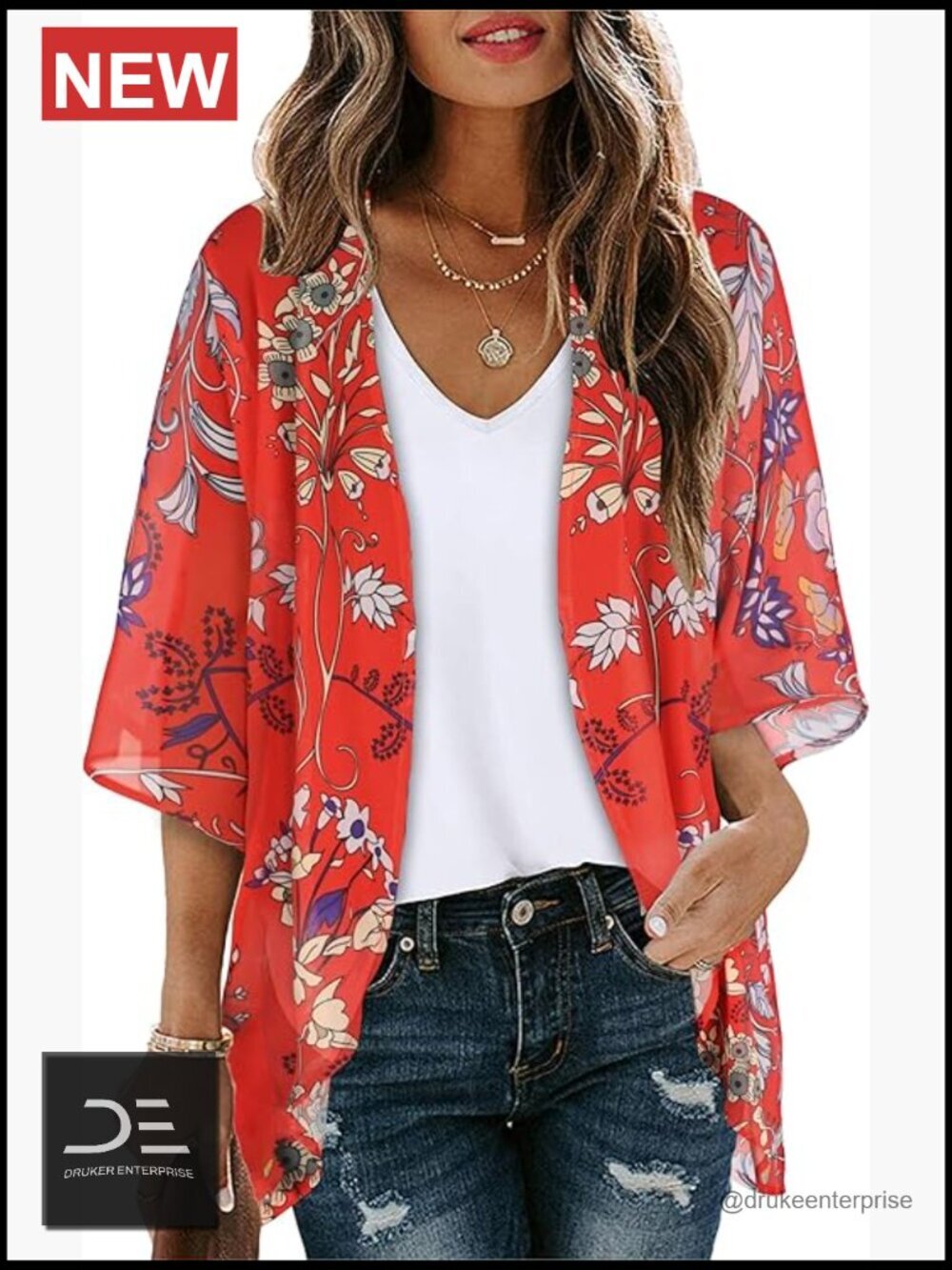 Women's Floral Print Puff Sleeve Kimono Cardigan Loose Cover Up Blouse